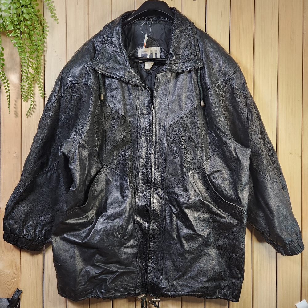 Vintage Leather Jacket Black with Intricate Patterns, Genuine Leather